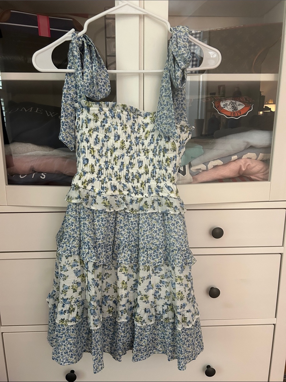 Altar'd State Blue and White Floral Smocked Tiered Sundress with Tie Straps